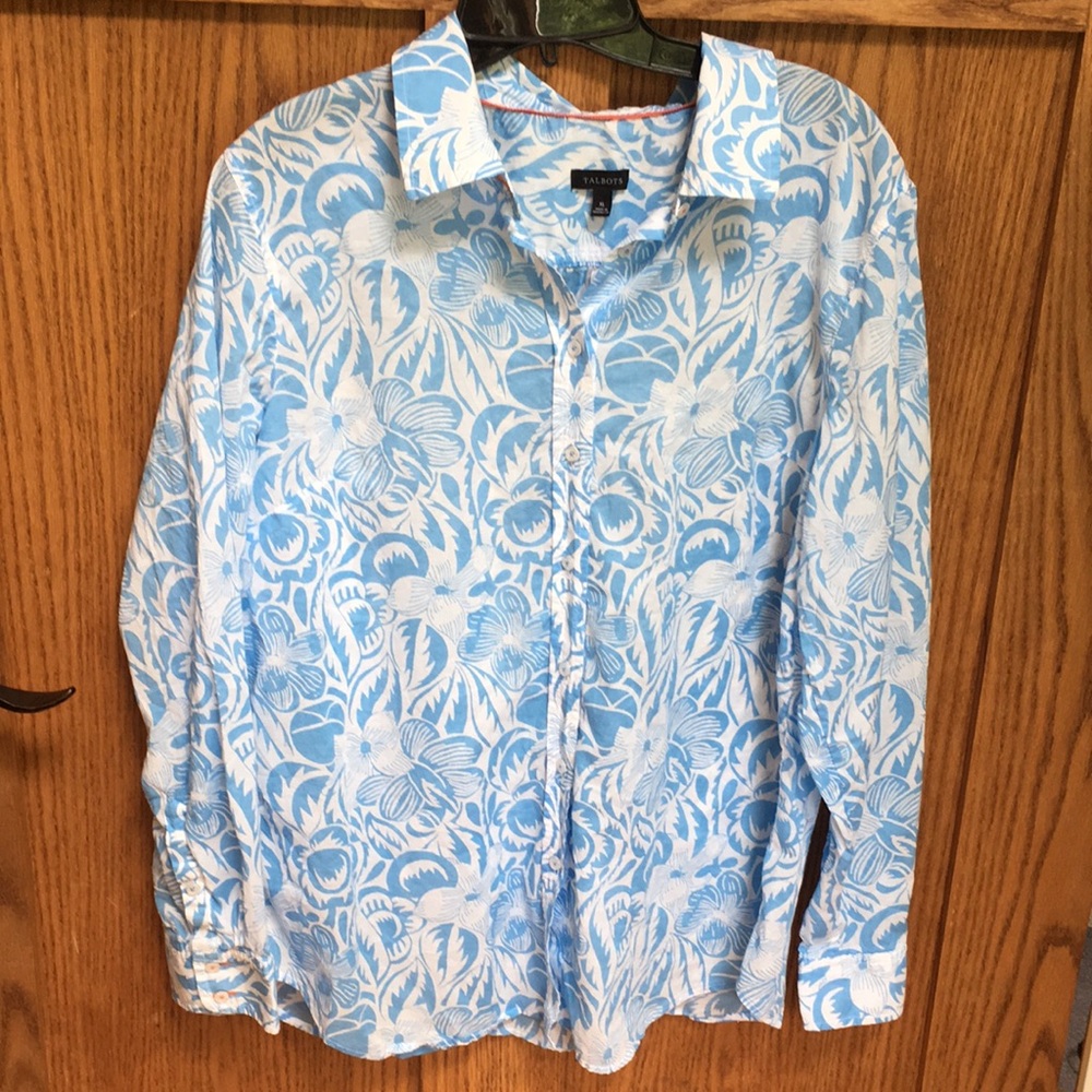 Talbots Blue and White Floral Button-Up Shirt size XL
